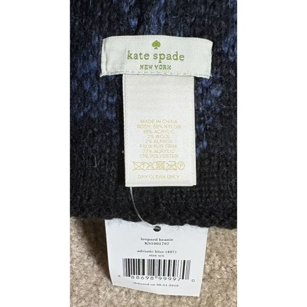 Kate Spade Poms Blue Black Beanie Hat Leopard Meow Retail $59